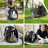 Pet carrier backpack with expandable space, used on a car seat, and as a pet's home in a hospital.