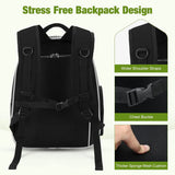 Black backpack with stress-free design features on a white background